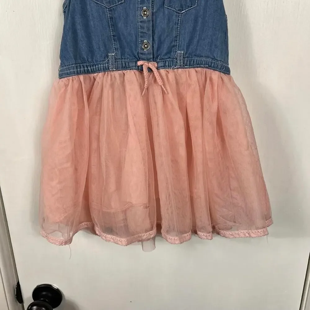 Calvin Klein Jeans Girls Denim & Pink Tulle Dress Ruffle Button Front Size 4T